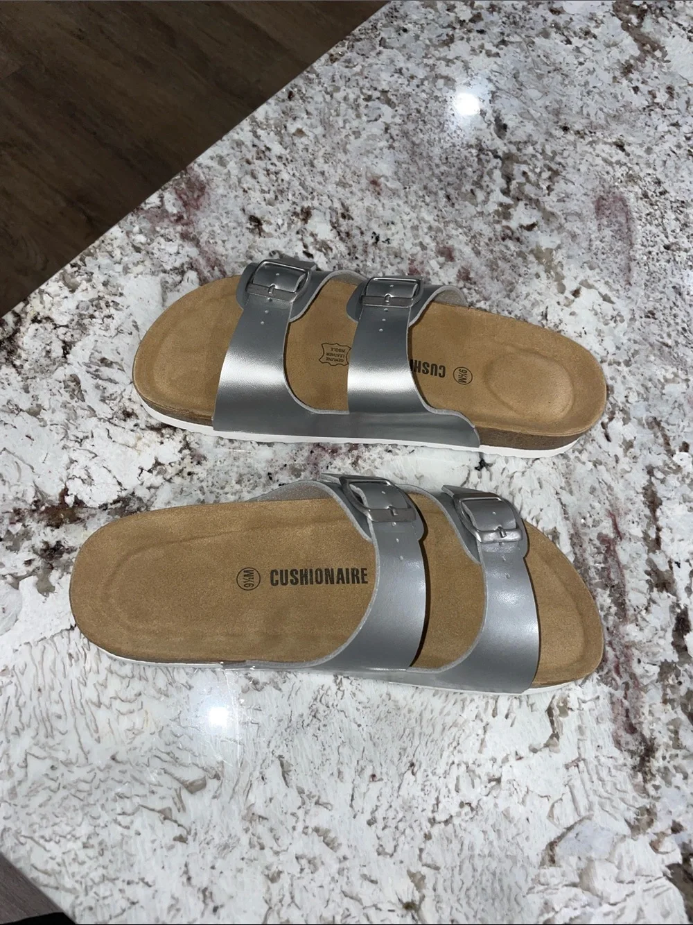 Women’s Double-Buckle Slide Sandals in Silver